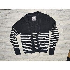 POOF Excellence Black/White Striped Cardigan Sweater, Women's Size M